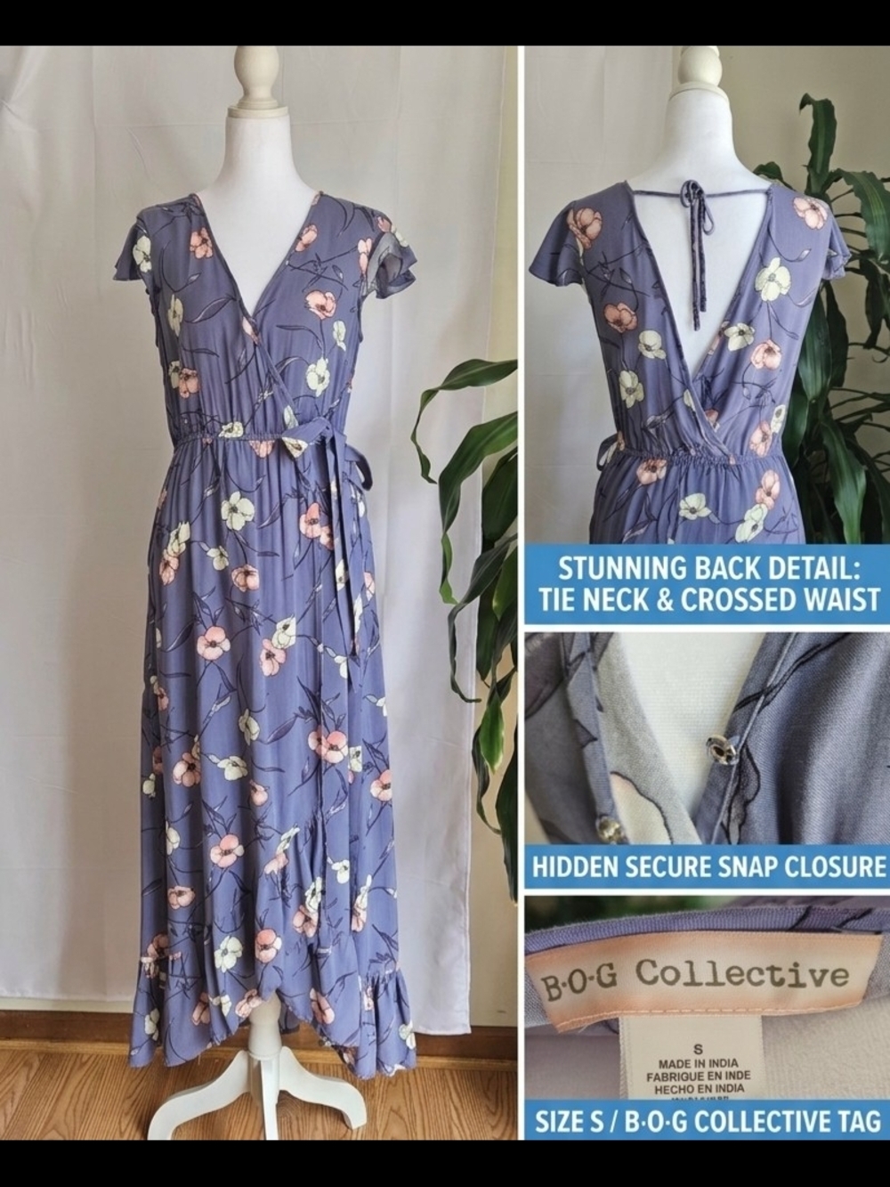 B·O·G Collective Floral Wrap Maxi Dress Size S Lavender Purple High-Low Ruffle - Picture 13 of 13